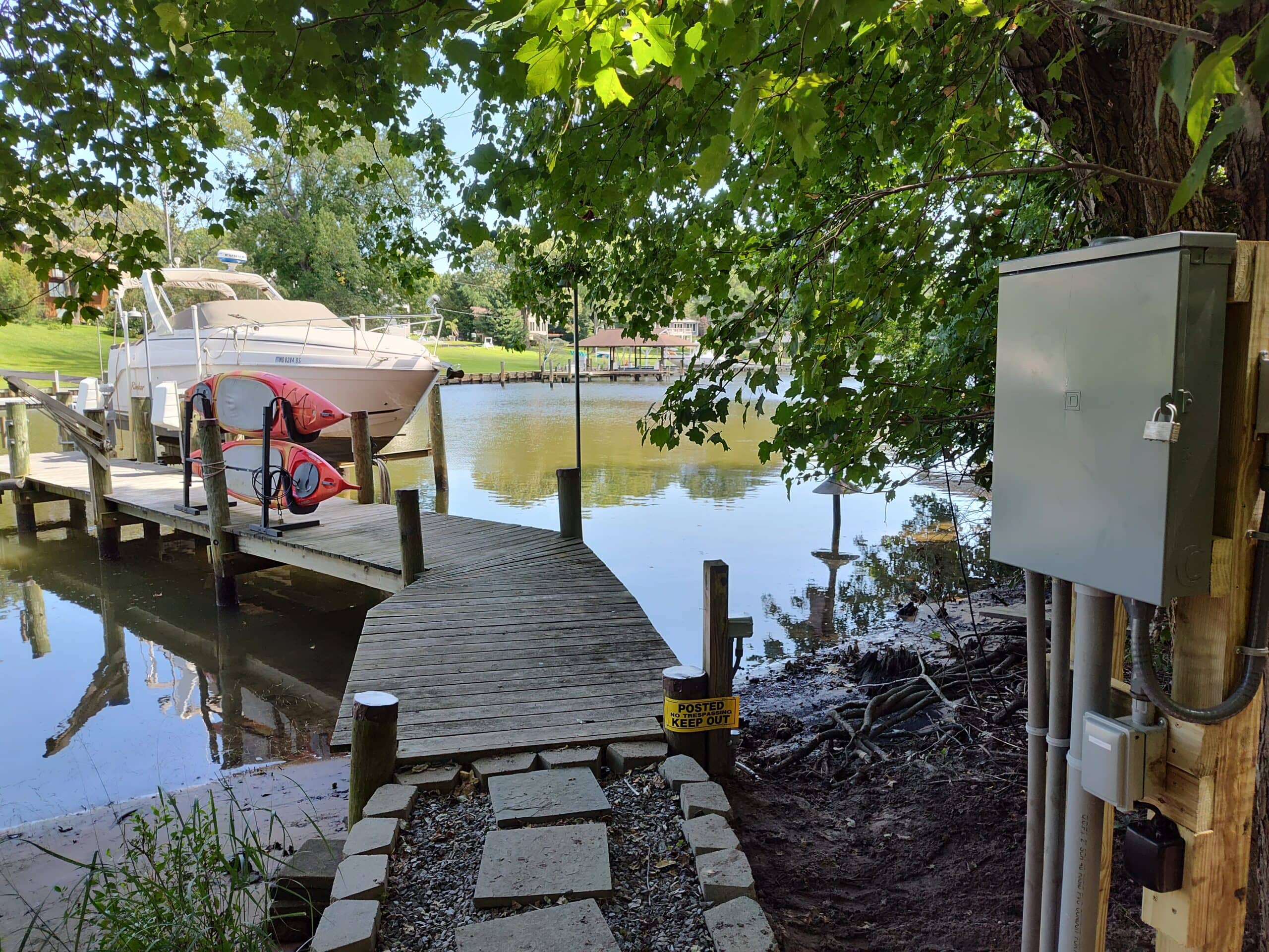 A dockside electrical service panel installed by A Hare Above Electric